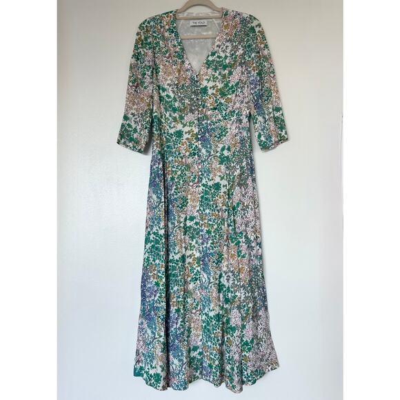 EUC The Fold London Lochaline Floral Midi Dress US size 8 Button Viscose Wedding - Picture 12 of 16